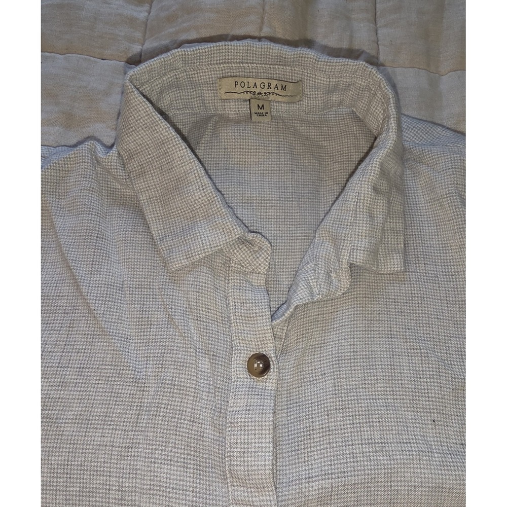 Polagram Button Down Shirt Women's MEDIUM White And Grey Short Sleeve